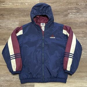 Vintage 90s Adidas Track Puffer Jacket Quilt Lined Burgundy Navy XL Fits Large